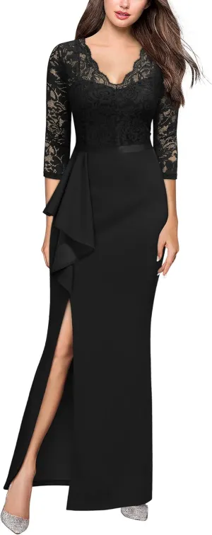 MISSMAY Women's Vintage Floral Lace Ruffle Half Sleeve Evening Party Formal Long Dress