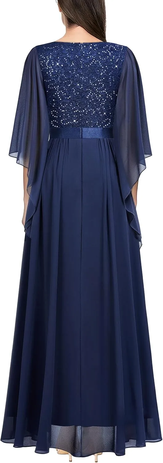 Miusol Women's Deep-V Neck Lace Contrast Sequin 3/4 Sleeve Formal Evening Maxi Dress