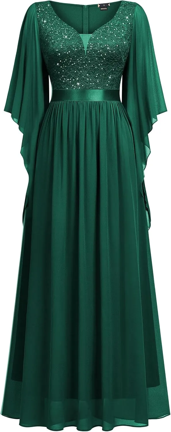 Miusol Women's Deep-V Neck Lace Contrast Sequin 3/4 Sleeve Formal Evening Maxi Dress