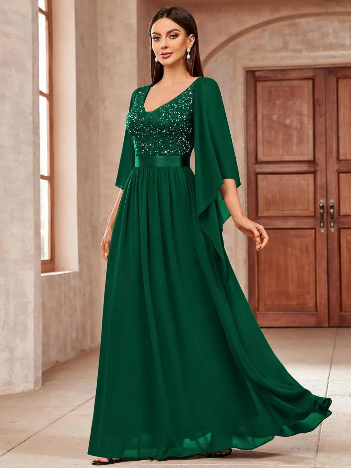 Miusol Women's Deep-V Neck Lace Contrast Sequin 3/4 Sleeve Formal Evening Maxi Dress