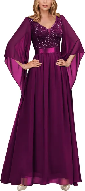 Miusol Women's Deep-V Neck Lace Contrast Sequin 3/4 Sleeve Formal Evening Maxi Dress