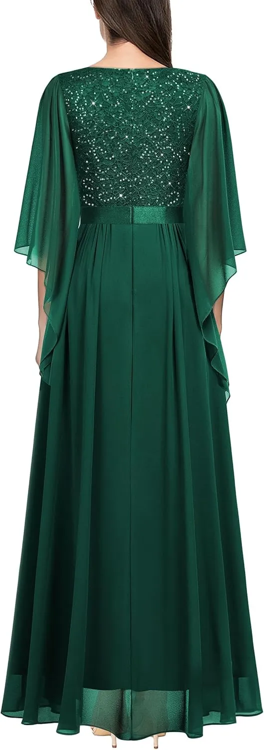 Miusol Women's Deep-V Neck Lace Contrast Sequin 3/4 Sleeve Formal Evening Maxi Dress
