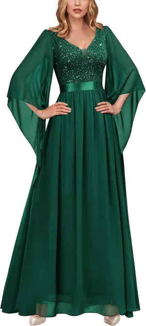 Miusol Women's Deep-V Neck Lace Contrast Sequin 3/4 Sleeve Formal Evening Maxi Dress