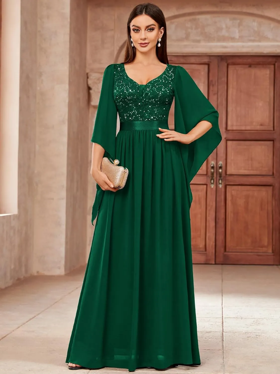 Miusol Women's Deep-V Neck Lace Contrast Sequin 3/4 Sleeve Formal Evening Maxi Dress