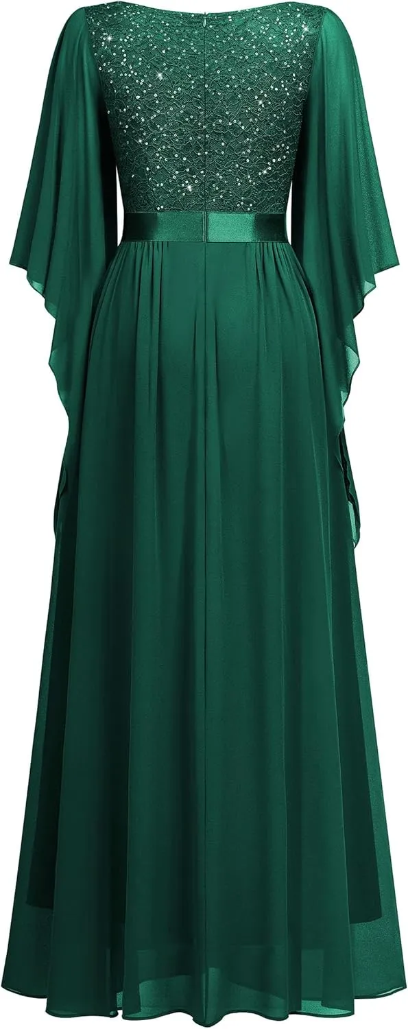 Miusol Women's Deep-V Neck Lace Contrast Sequin 3/4 Sleeve Formal Evening Maxi Dress