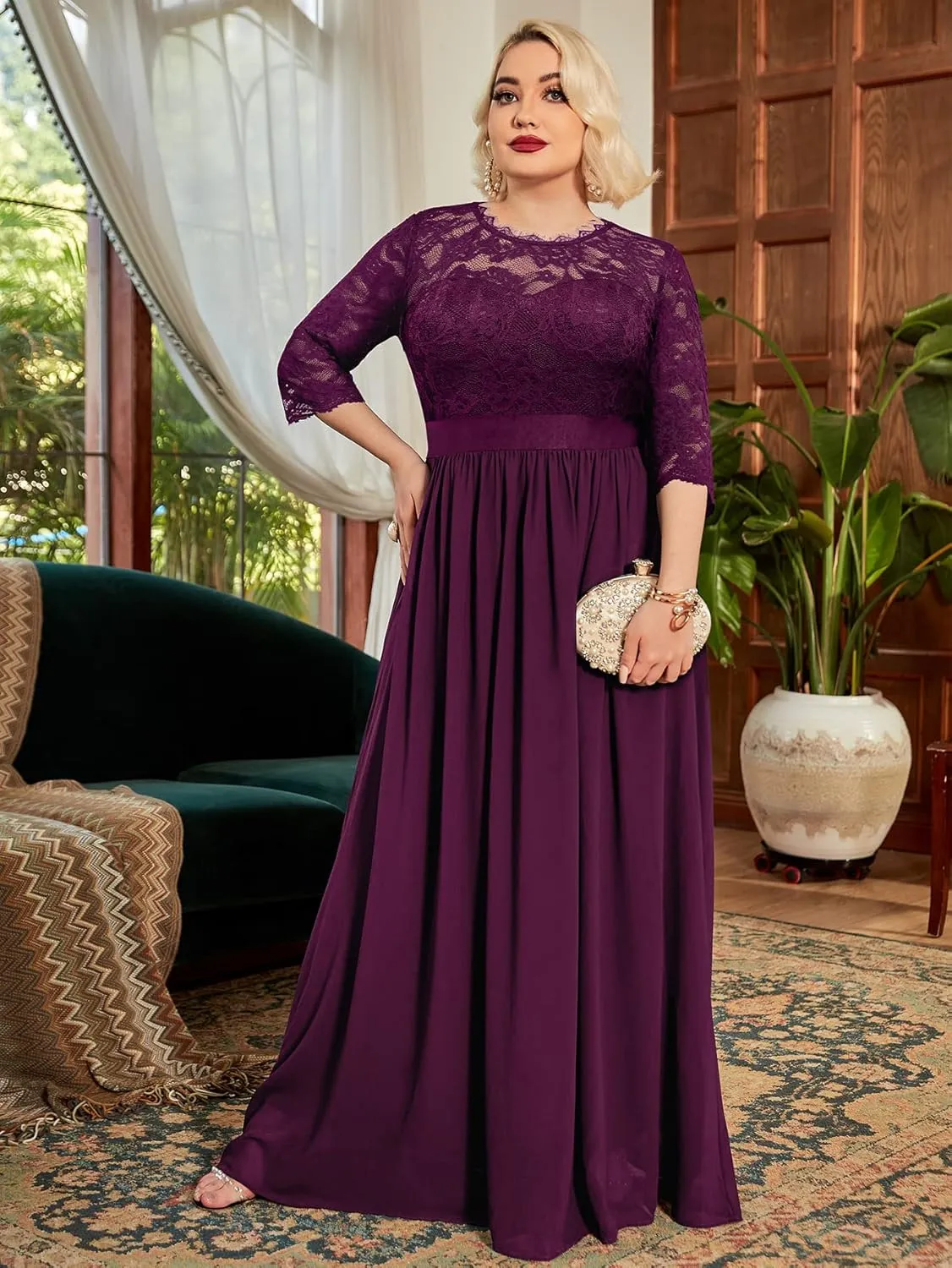 Miusol Women's Formal Floral Lace Plus Size Wedding Maxi Dress