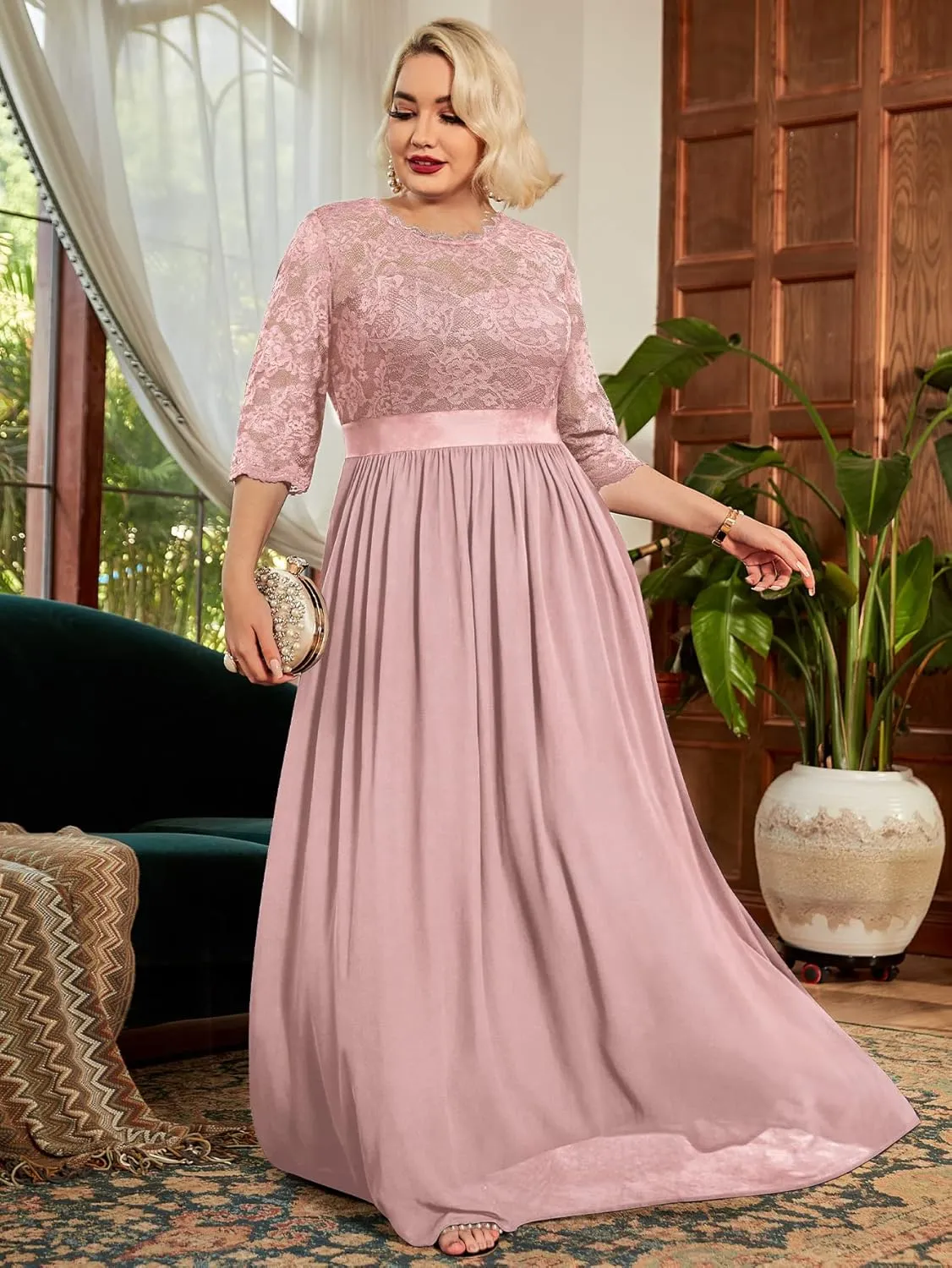 Miusol Women's Formal Floral Lace Plus Size Wedding Maxi Dress