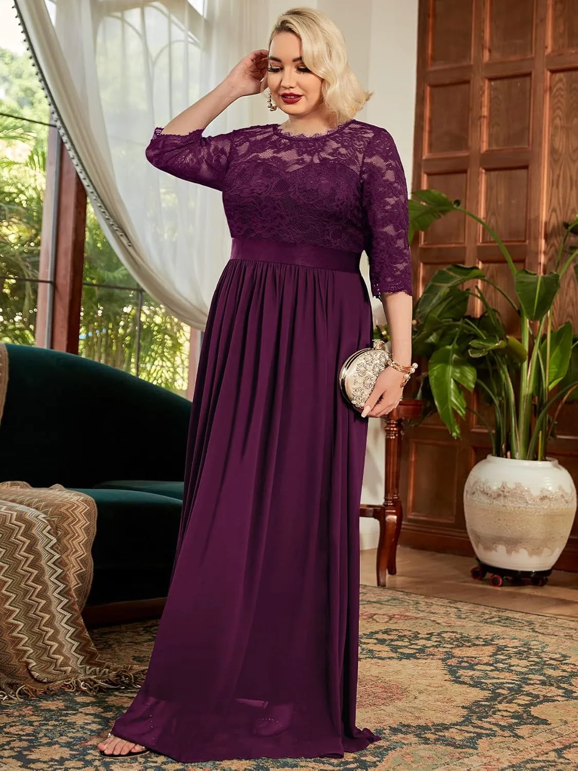 Miusol Women's Formal Floral Lace Plus Size Wedding Maxi Dress