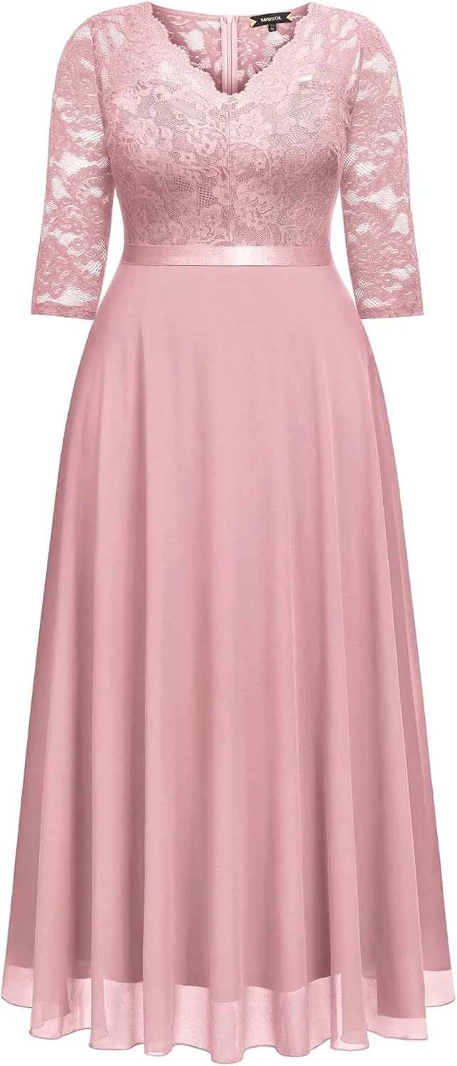Miusol Women's Formal Floral Lace V Neck Plus Size Bridesmaid Party Maxi Dress
