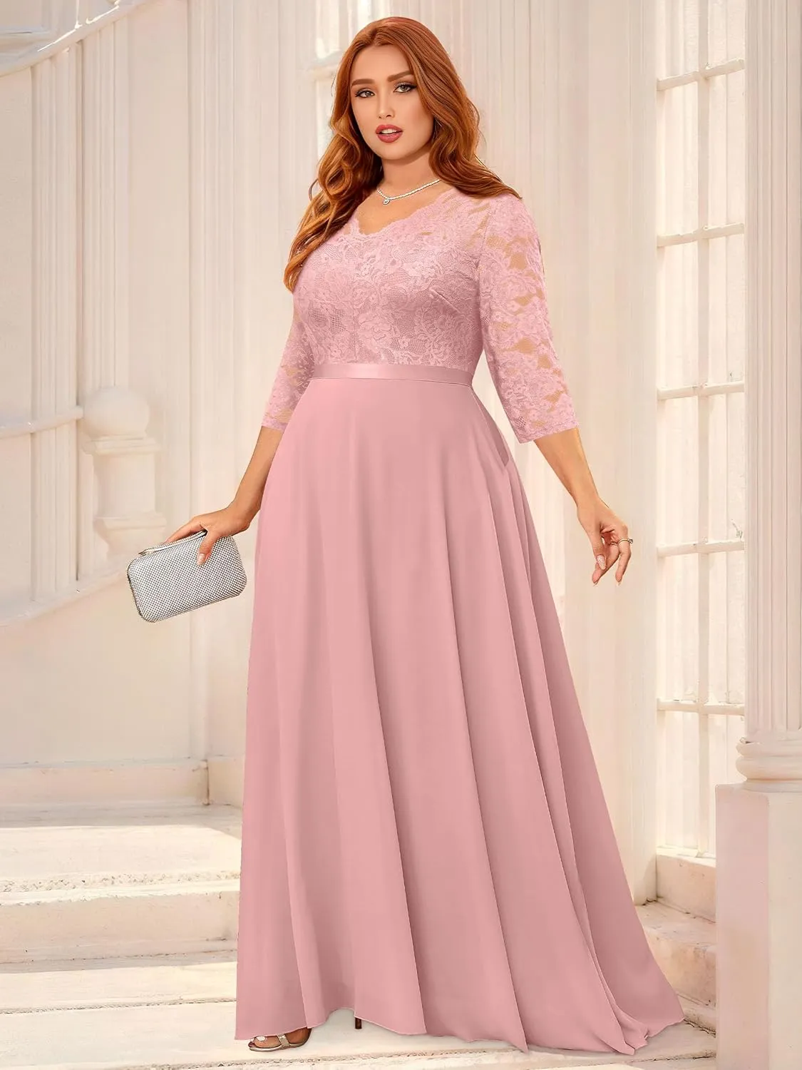 Miusol Women's Formal Floral Lace V Neck Plus Size Bridesmaid Party Maxi Dress