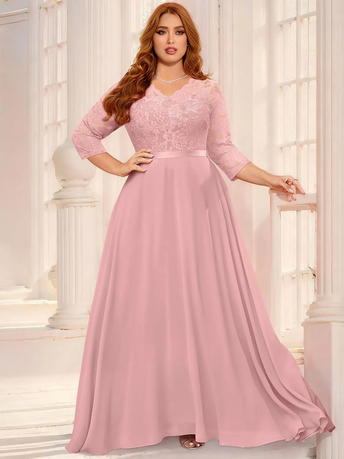 Miusol Women's Formal Floral Lace V Neck Plus Size Bridesmaid Party Maxi Dress