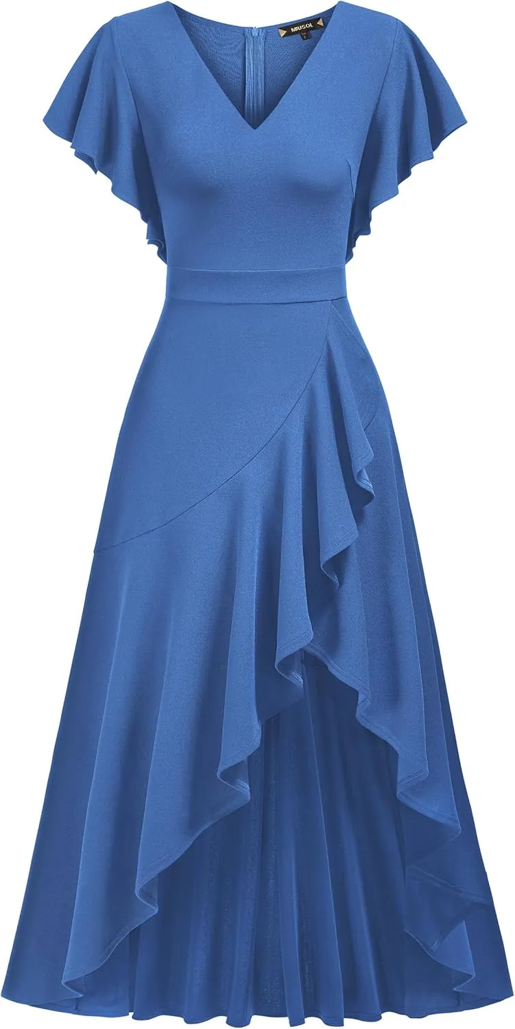 Miusol Women's Formal V Neck Ruffle Split Evening Party Long Dress