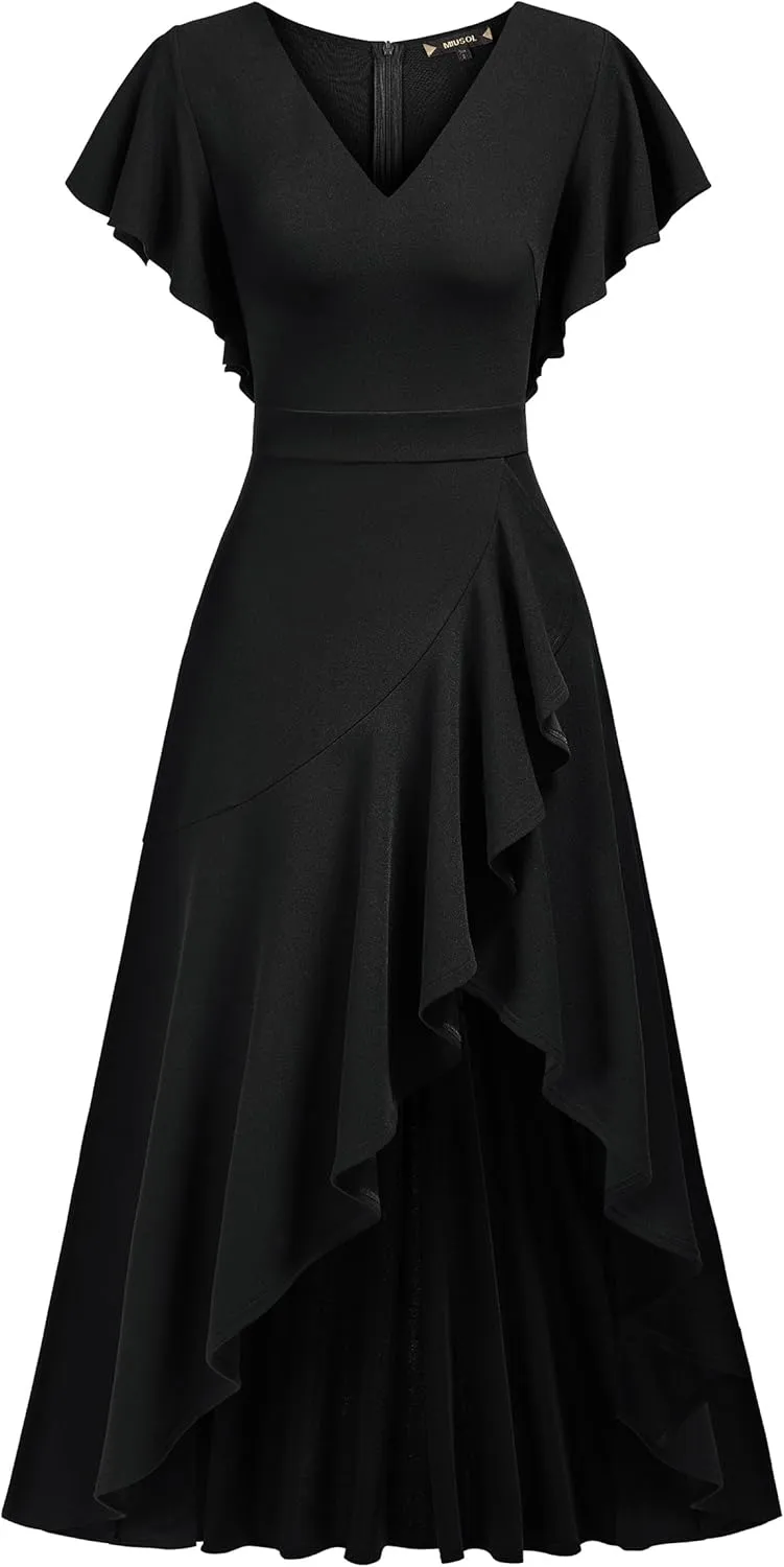 Miusol Women's Formal V Neck Ruffle Split Evening Party Long Dress