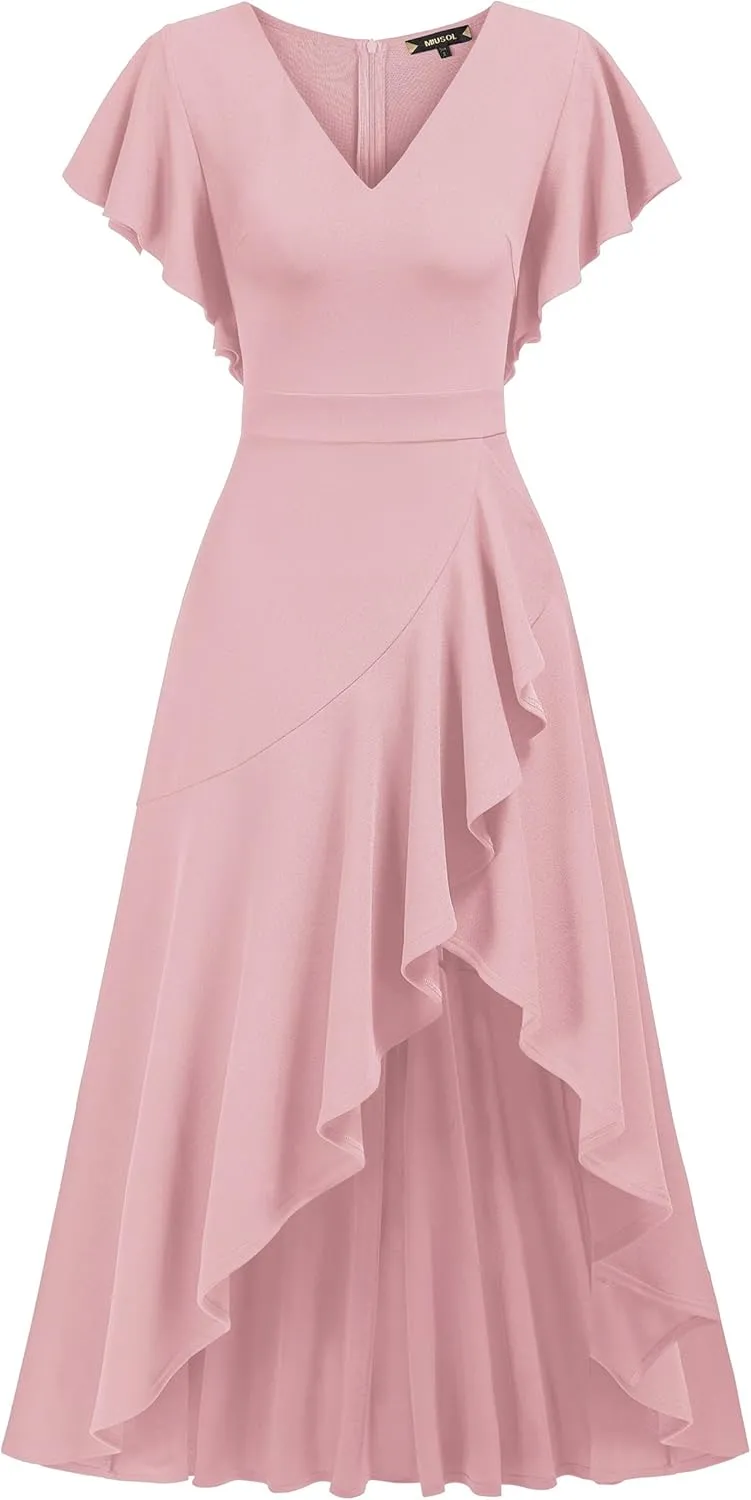 Miusol Women's Formal V Neck Ruffle Split Evening Party Long Dress