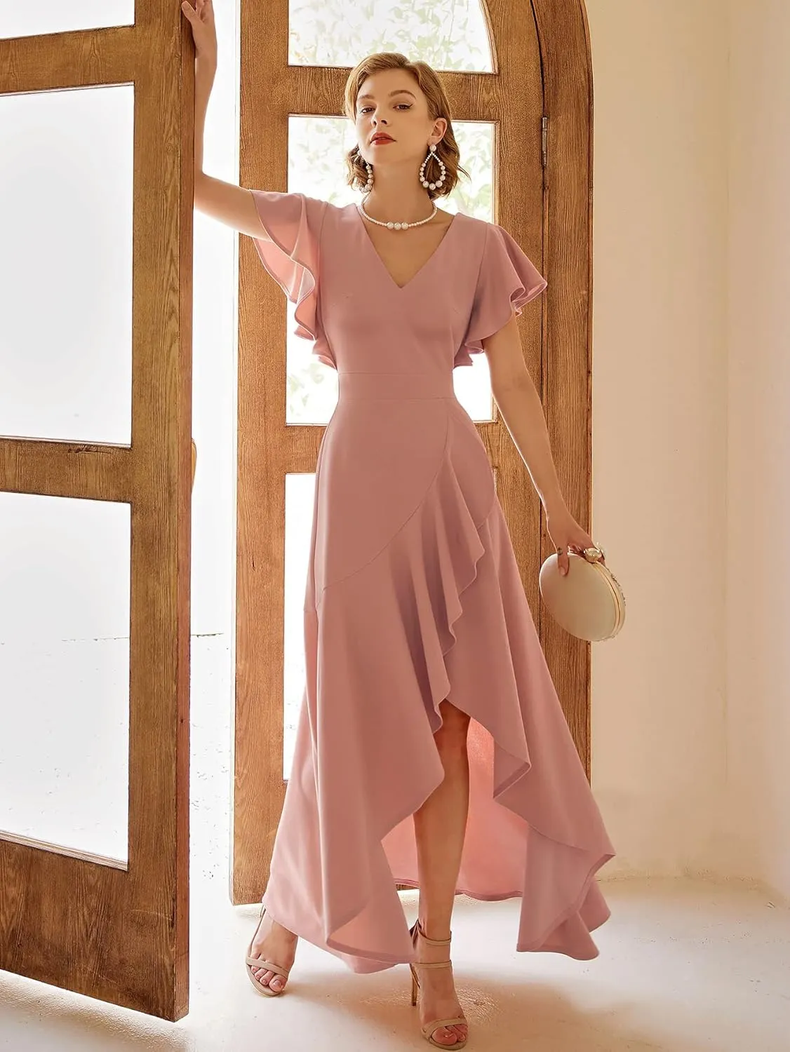 Miusol Women's Formal V Neck Ruffle Split Evening Party Long Dress