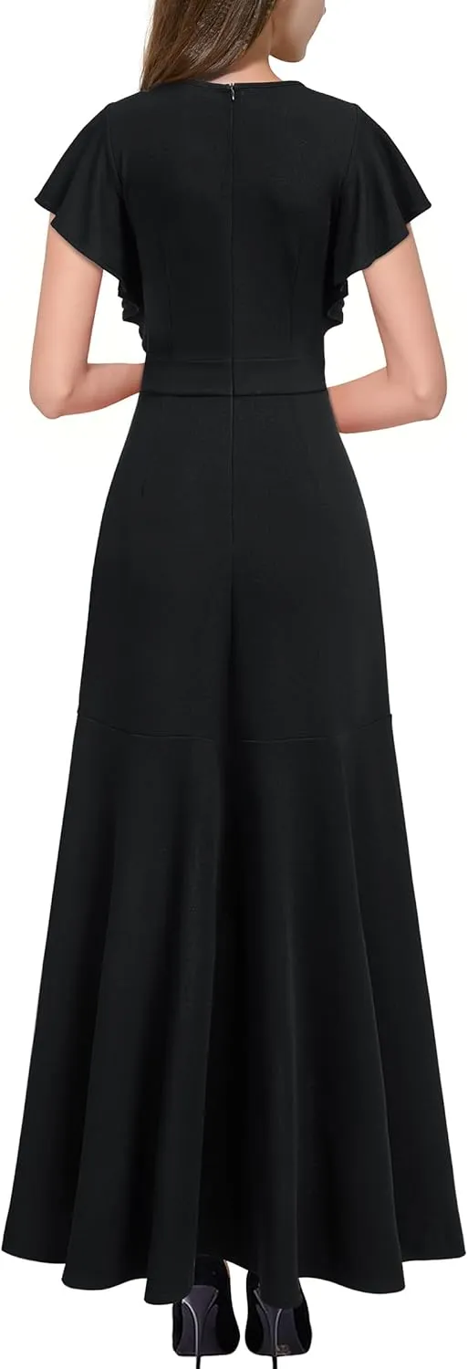 Miusol Women's Formal V Neck Ruffle Split Evening Party Long Dress