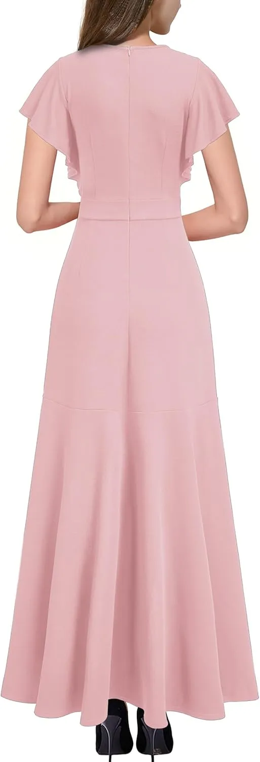 Miusol Women's Formal V Neck Ruffle Split Evening Party Long Dress