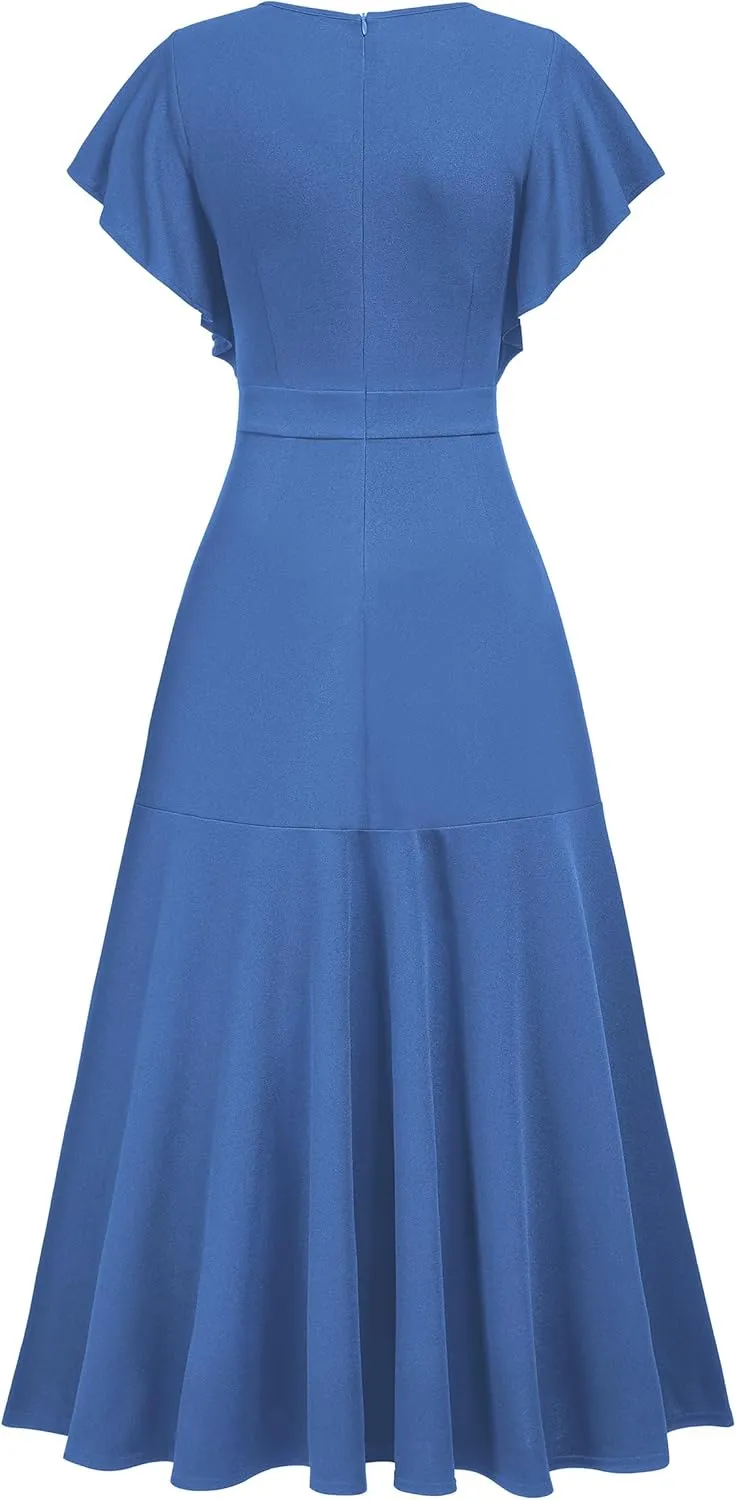 Miusol Women's Formal V Neck Ruffle Split Evening Party Long Dress
