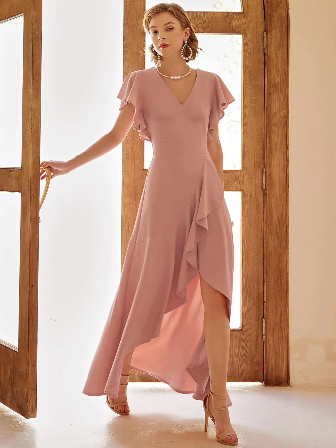 Miusol Women's Formal V Neck Ruffle Split Evening Party Long Dress
