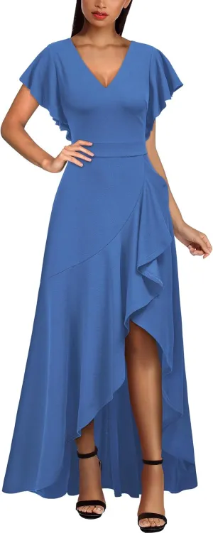 Miusol Women's Formal V Neck Ruffle Split Evening Party Long Dress