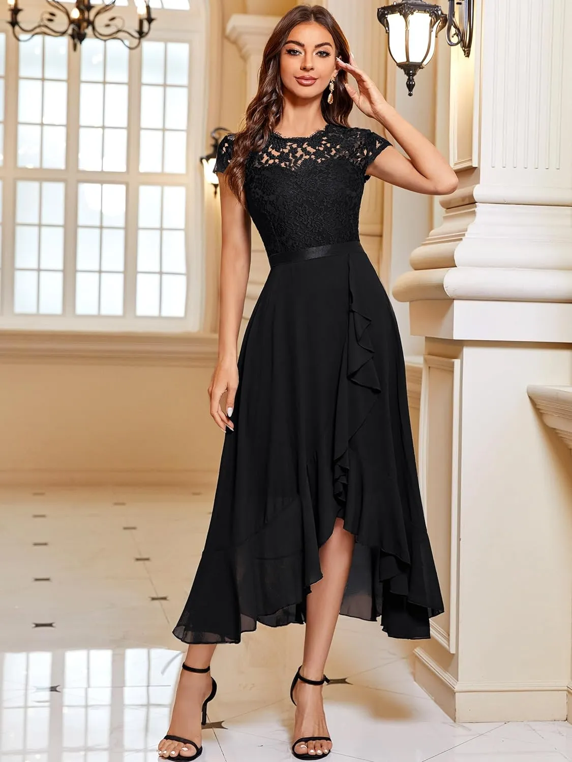 Miusol Women's Retro Lace Contrast Chiffon Ruffle Evening Maxi Dress