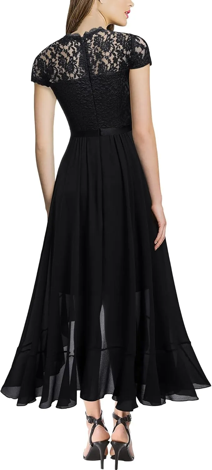 Miusol Women's Retro Lace Contrast Chiffon Ruffle Evening Maxi Dress