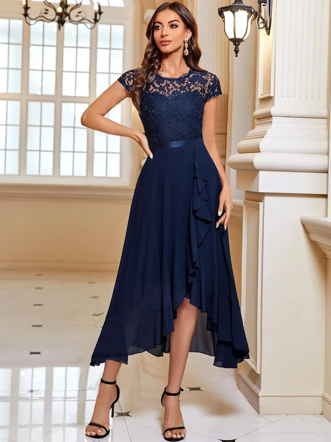 Miusol Women's Retro Lace Contrast Chiffon Ruffle Evening Maxi Dress