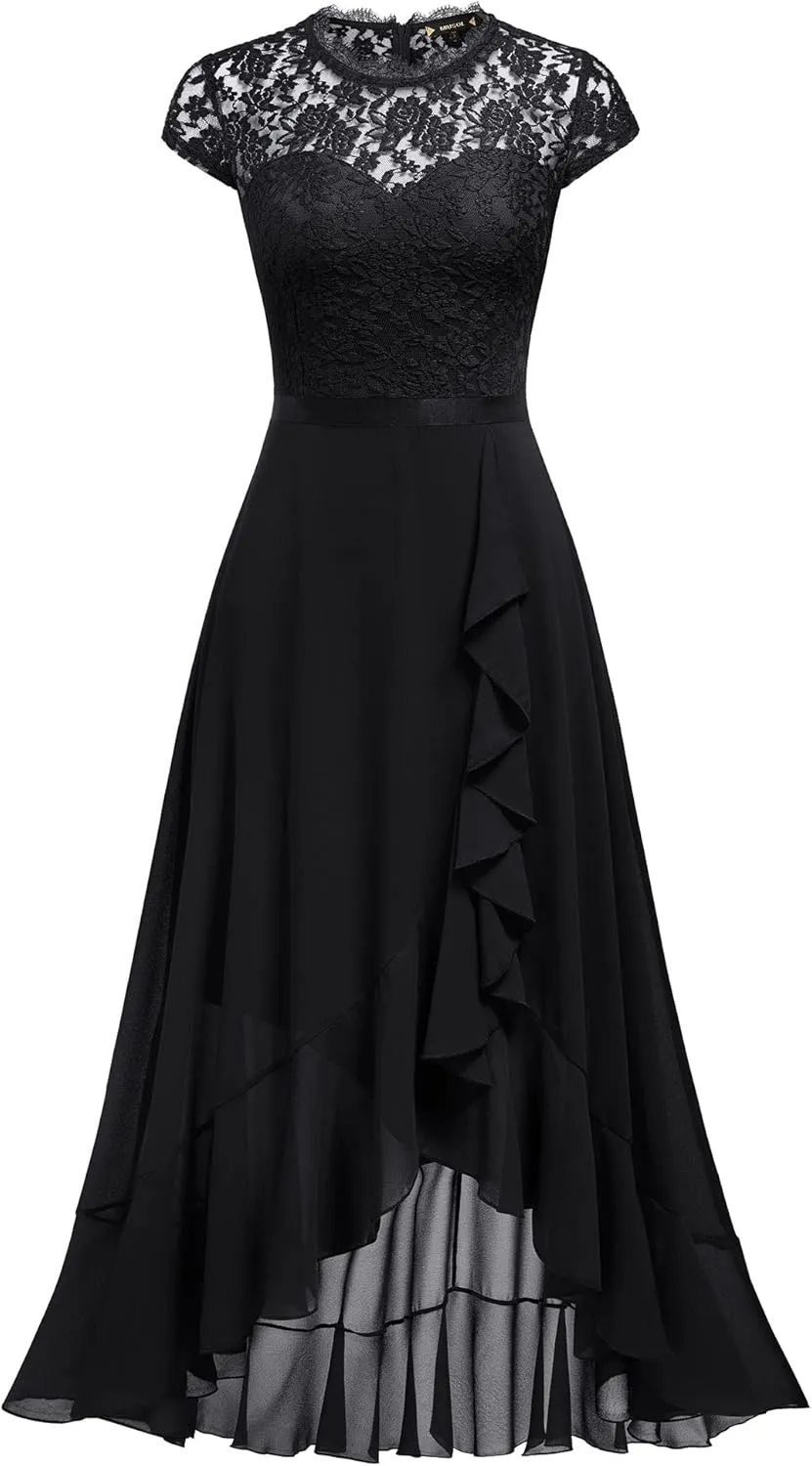 Miusol Women's Retro Lace Contrast Chiffon Ruffle Evening Maxi Dress