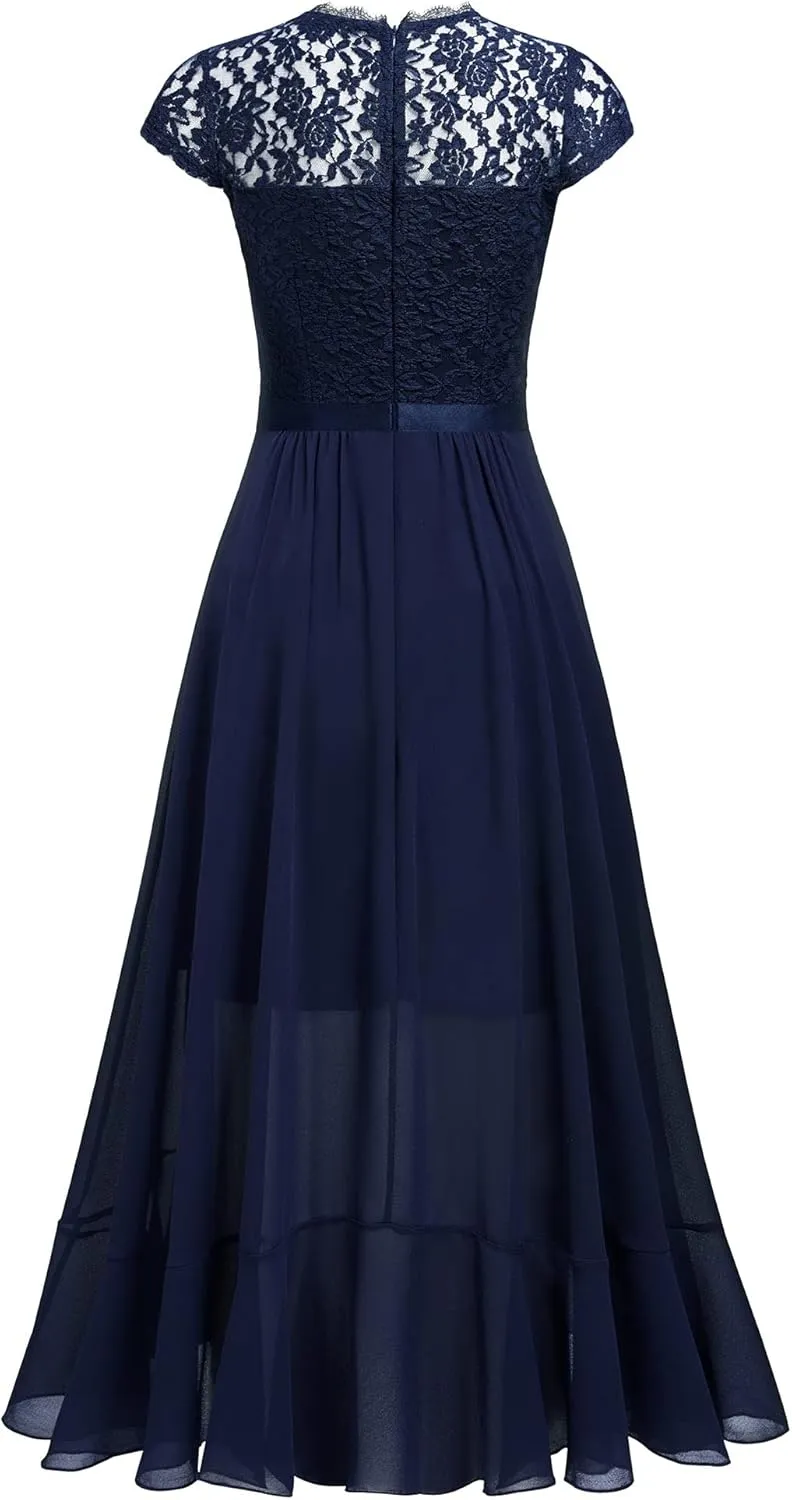 Miusol Women's Retro Lace Contrast Chiffon Ruffle Evening Maxi Dress
