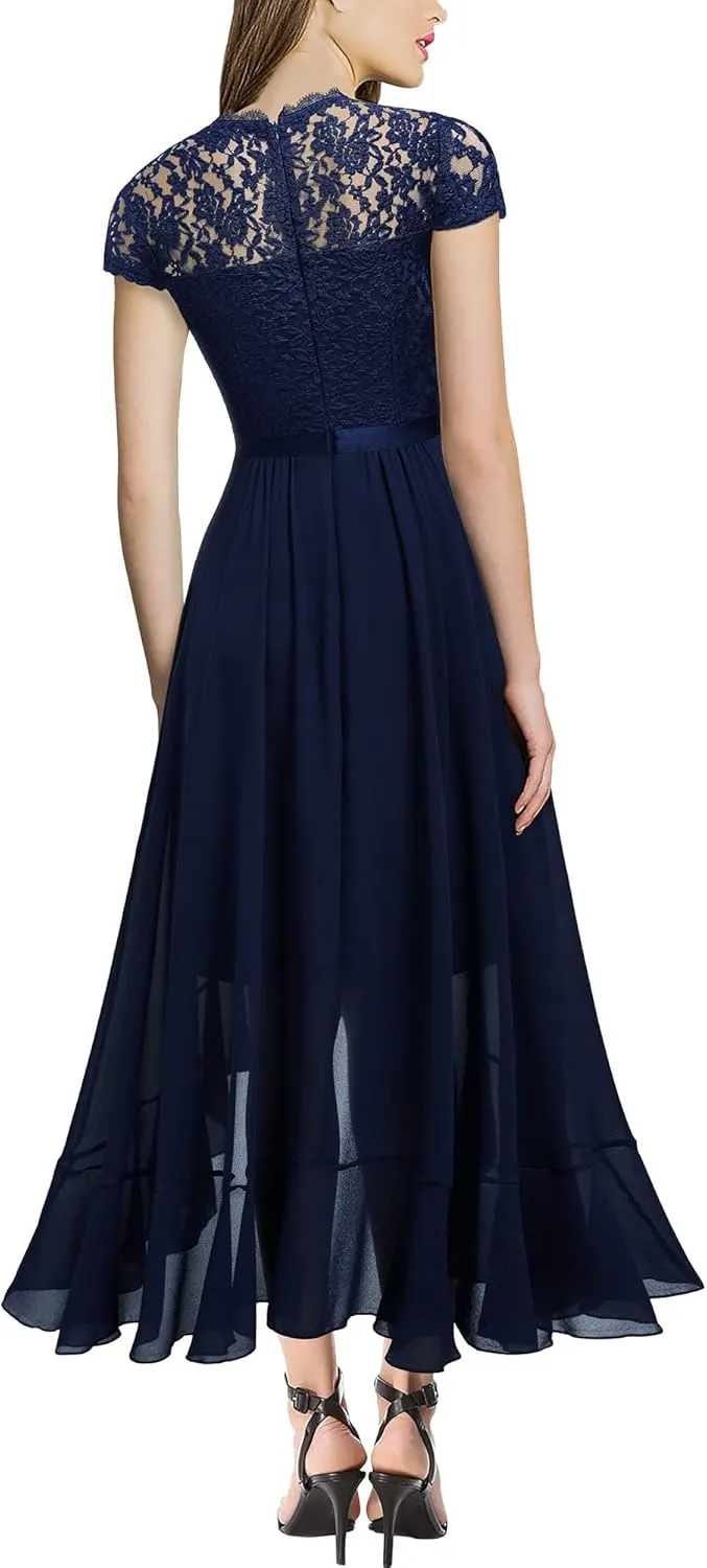 Miusol Women's Retro Lace Contrast Chiffon Ruffle Evening Maxi Dress