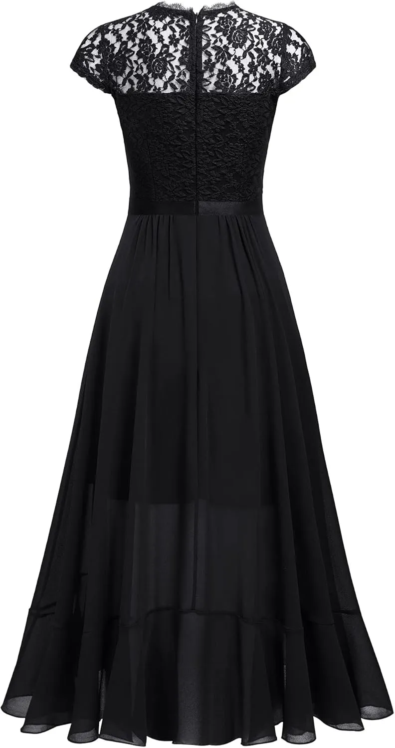 Miusol Women's Retro Lace Contrast Chiffon Ruffle Evening Maxi Dress