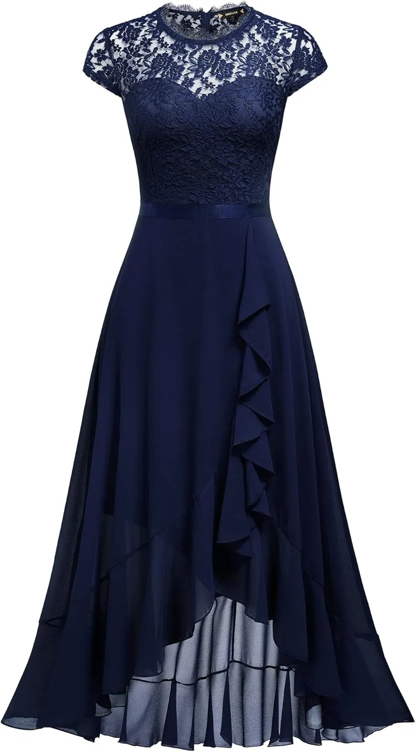 Miusol Women's Retro Lace Contrast Chiffon Ruffle Evening Maxi Dress