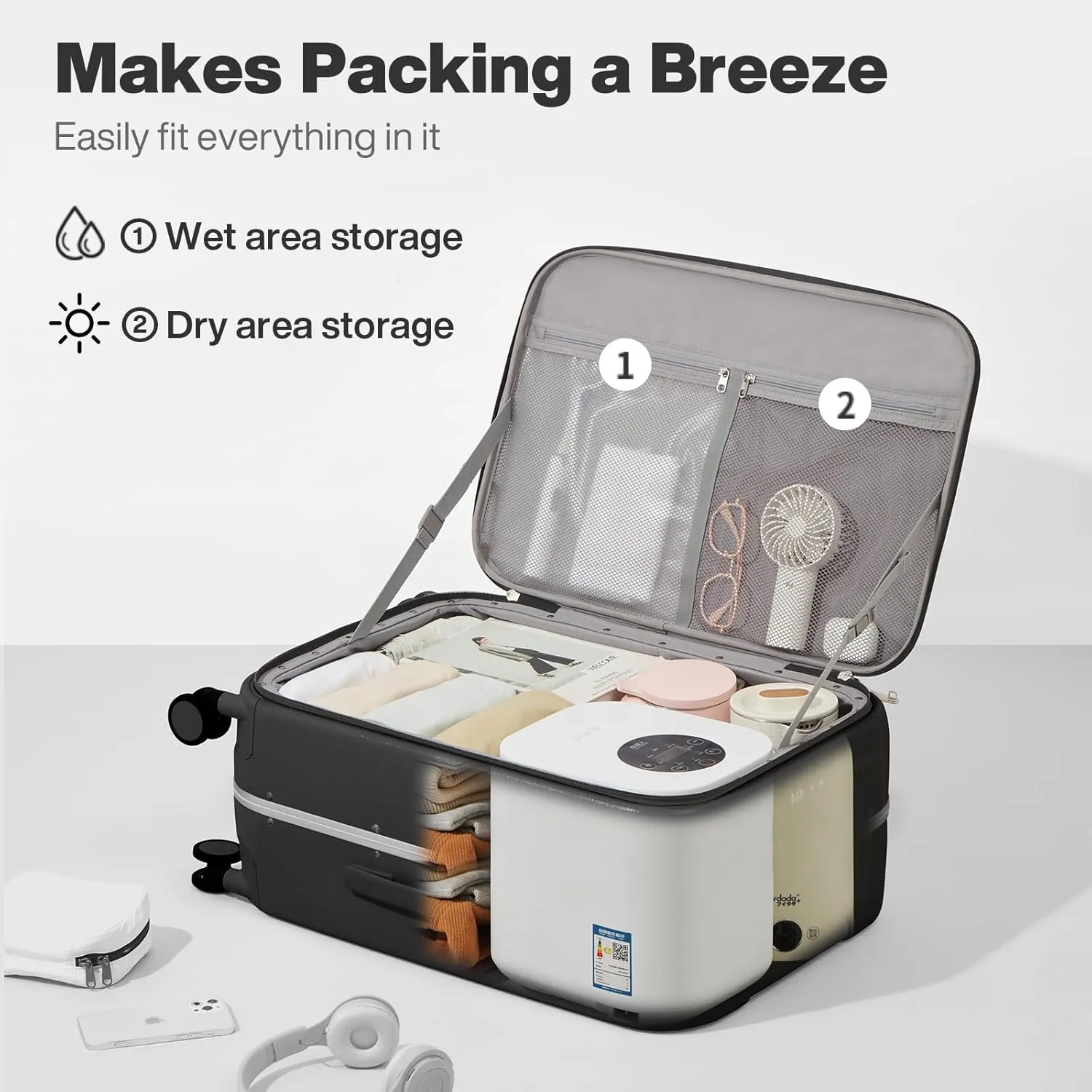 mixi 20 Inch Carry On Luggage 22x14x9 Airline Approved PC Hard Shell Suitcase Top Opening Aluminum Frame Travel Suitcases with Wheels, Blcak