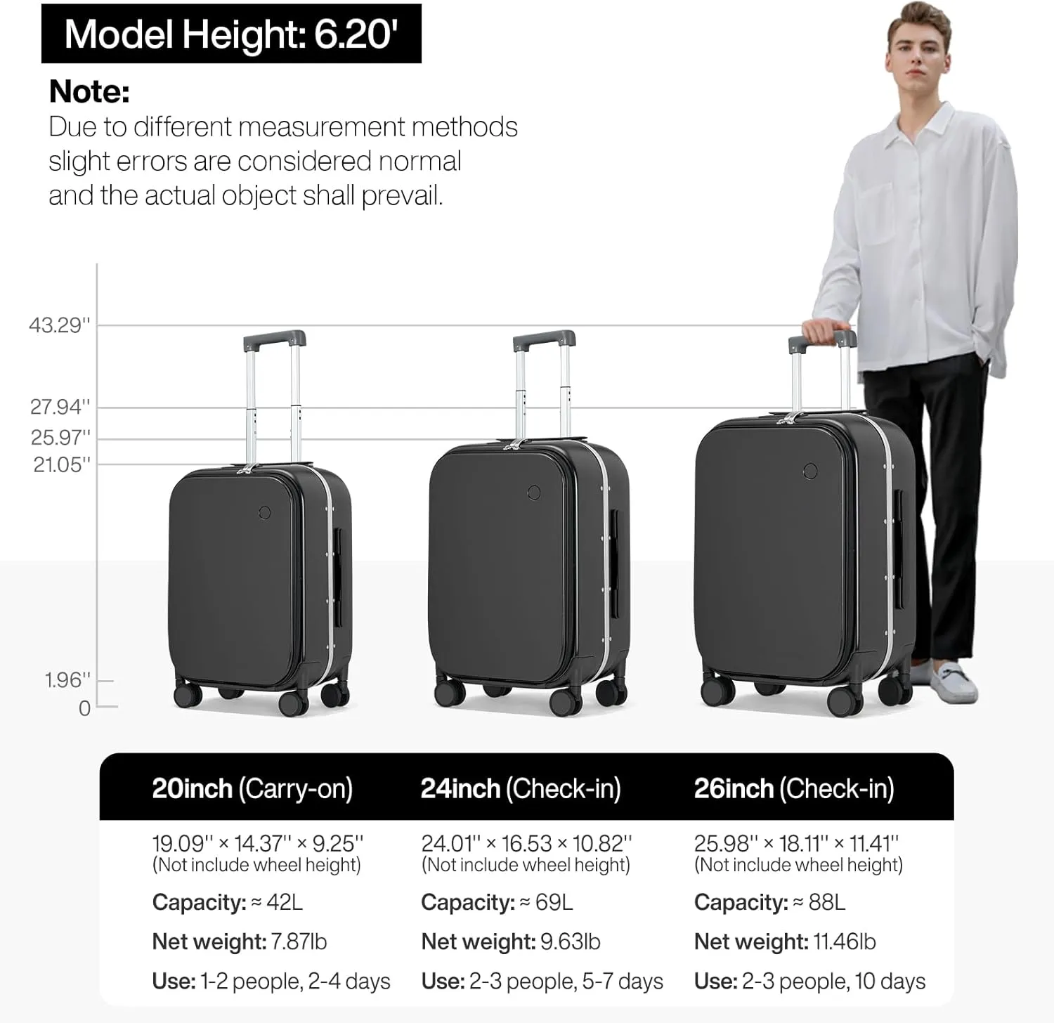 mixi 20 Inch Carry On Luggage 22x14x9 Airline Approved PC Hard Shell Suitcase Top Opening Aluminum Frame Travel Suitcases with Wheels, Blcak