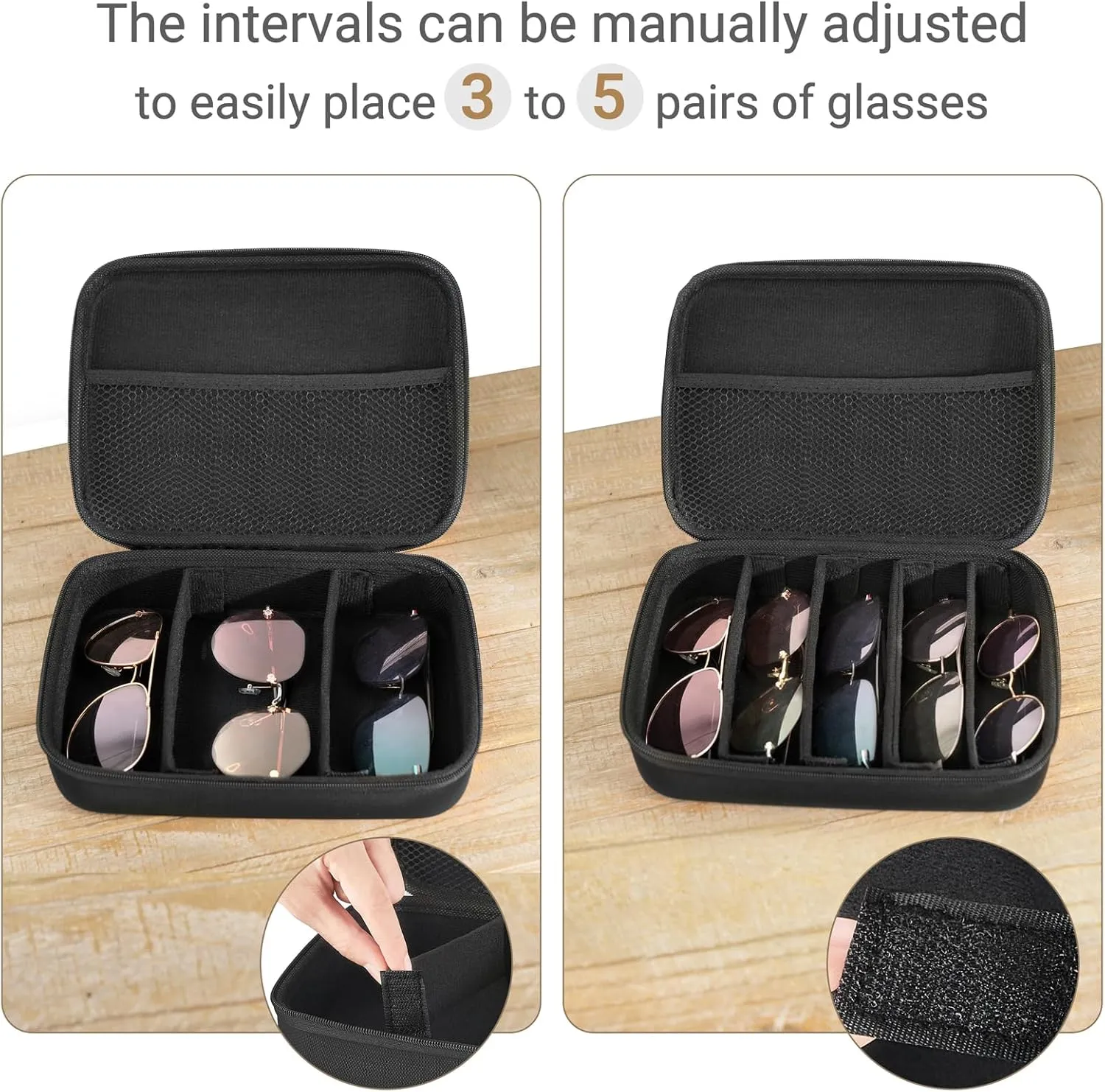 Mkono Travel Sunglasses Organizer Glasses Case Multiple Pairs with Adjustable Slots Portable Eyeglasses Case Storage Box for Men Women, Medium, Black