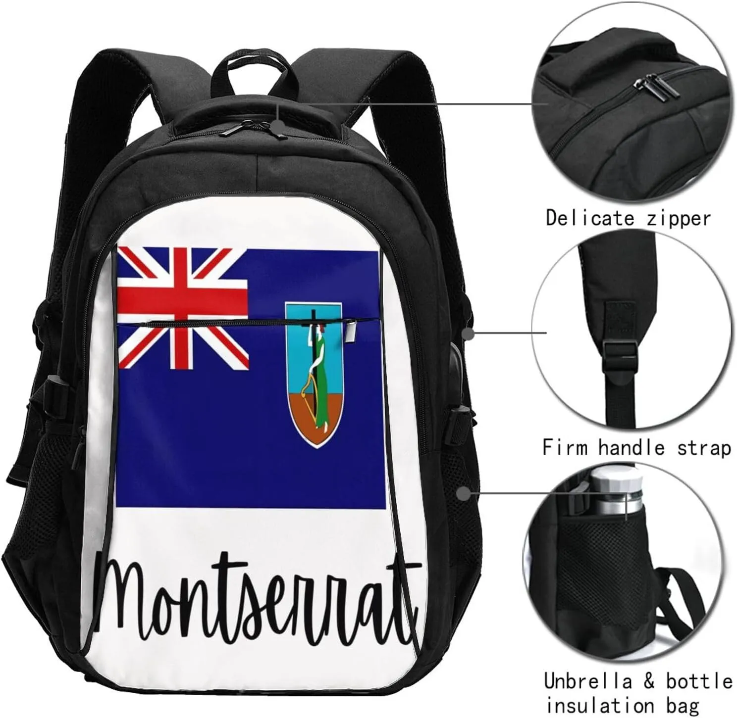 Montserrat Pride Flag Business Laptop Backpack Travel Backpacks Outdoor Rucksack Large Bag Daypack with USB Charging Port Multi-Pocket for Hiking Camping