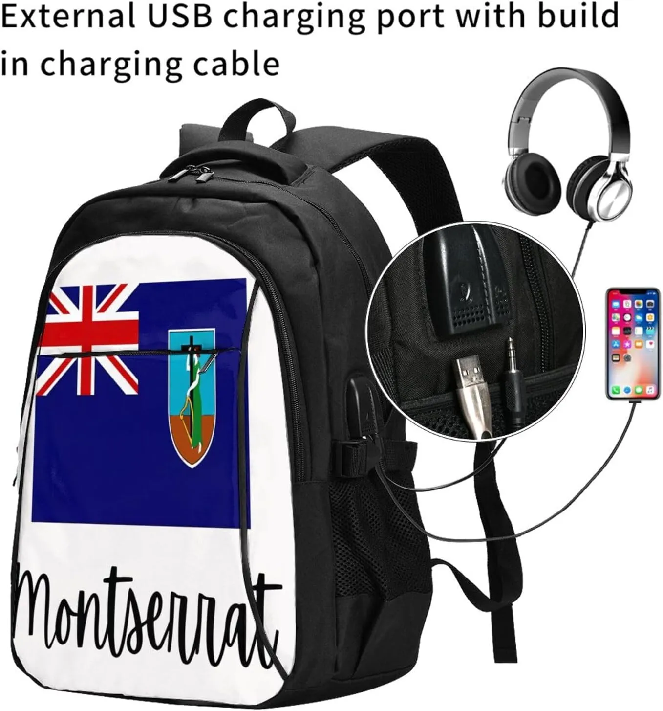 Montserrat Pride Flag Business Laptop Backpack Travel Backpacks Outdoor Rucksack Large Bag Daypack with USB Charging Port Multi-Pocket for Hiking Camping