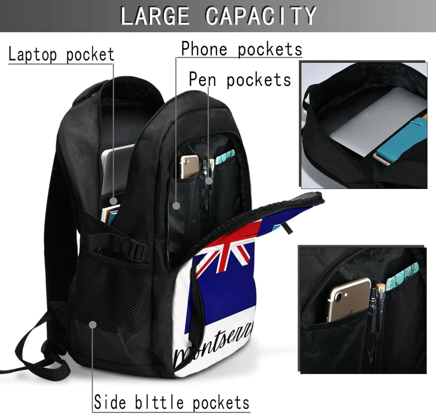 Montserrat Pride Flag Business Laptop Backpack Travel Backpacks Outdoor Rucksack Large Bag Daypack with USB Charging Port Multi-Pocket for Hiking Camping