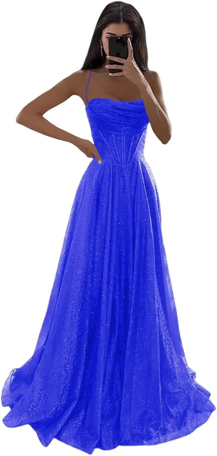 Monvelli Glitter Tulle Prom Dress Long Ball Gown 2025 Spaghetti Straps Sweetheart Formal Evening Dress with Slit