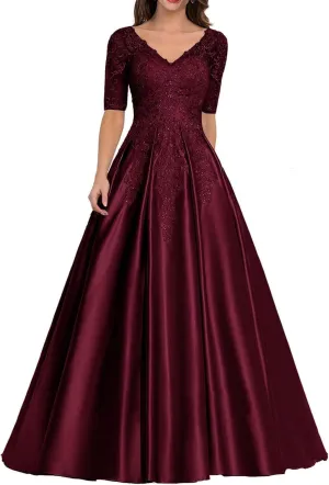 Mother of The Bride Dress Long Satin Prom Dresses Lace Applique Formal Evening Gown with Sleeve for Women