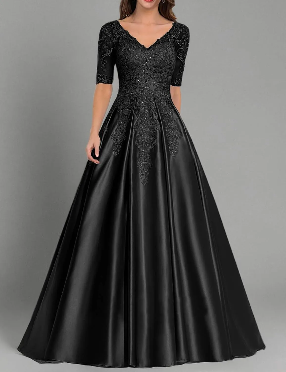 Mother of The Bride Dress Long Satin Prom Dresses Lace Applique Formal Evening Gown with Sleeve for Women