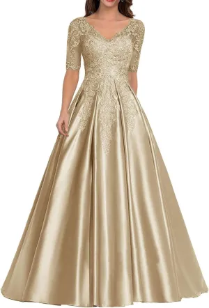 Mother of The Bride Dress Long Satin Prom Dresses Lace Applique Formal Evening Gown with Sleeve for Women