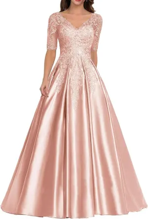 Mother of The Bride Dress Long Satin Prom Dresses Lace Applique Formal Evening Gown with Sleeve for Women
