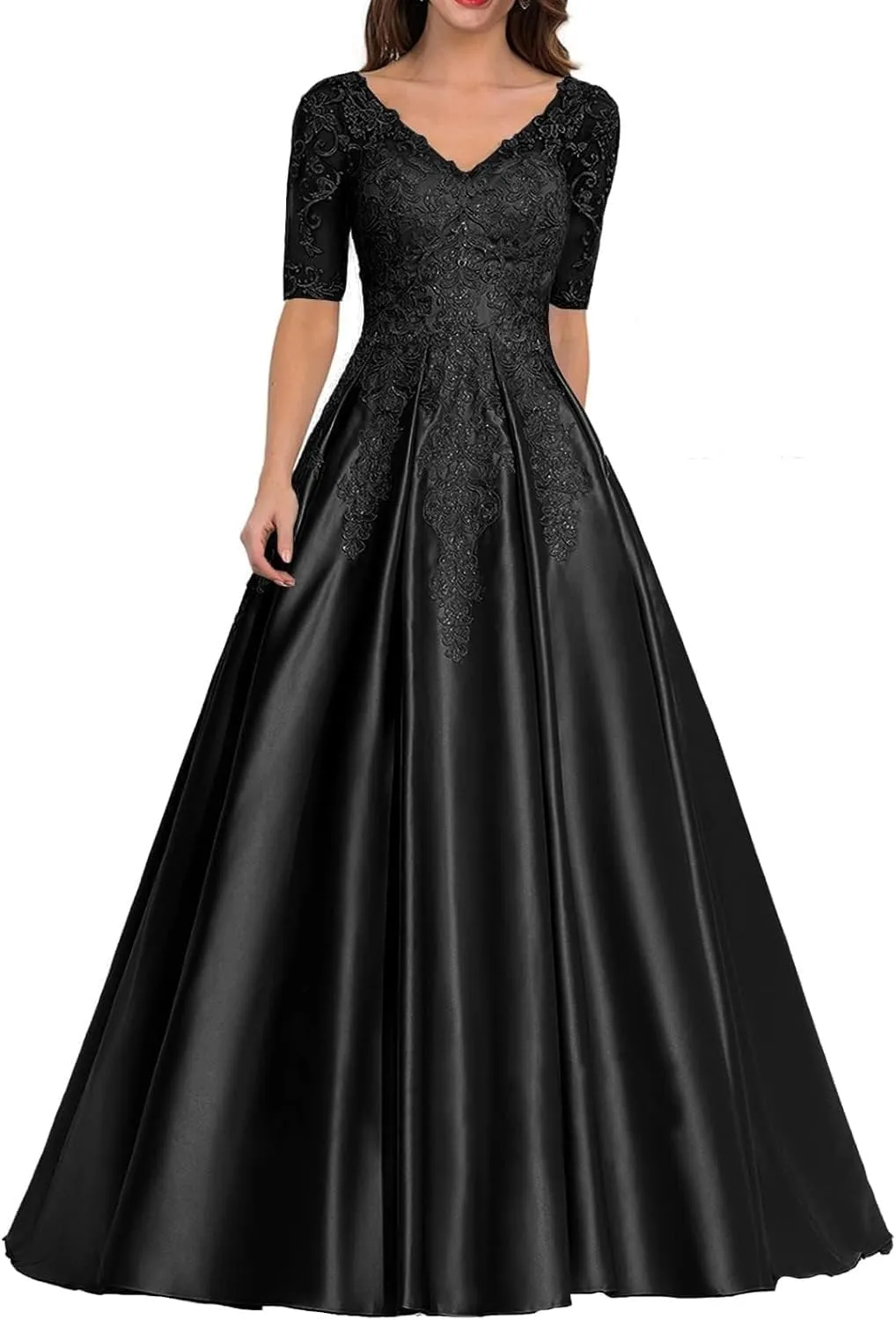 Mother of The Bride Dress Long Satin Prom Dresses Lace Applique Formal Evening Gown with Sleeve for Women