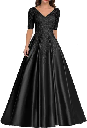 Mother of The Bride Dress Long Satin Prom Dresses Lace Applique Formal Evening Gown with Sleeve for Women