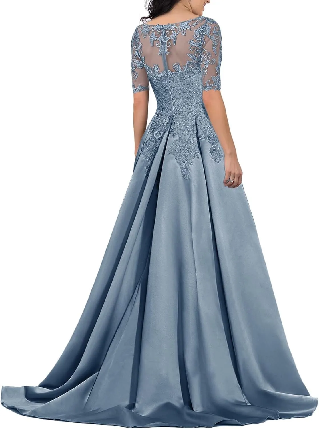 Mother of The Bride Dress Long Satin Prom Dresses Lace Applique Formal Evening Gown with Sleeve for Women