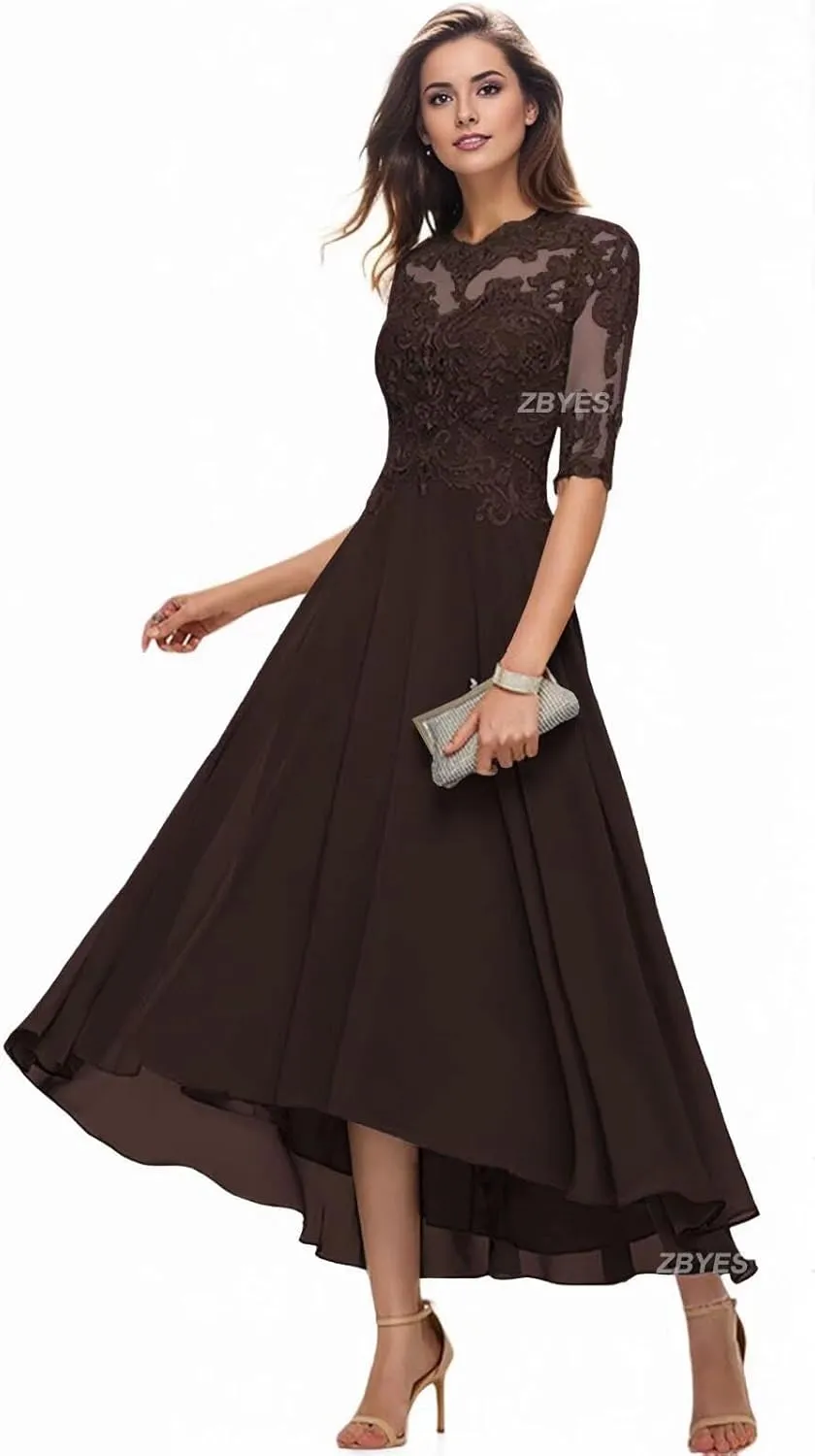 Mother of The Bride Dresses for Wedding 1/2 Sleeves High Low Chiffon Scoop Neck Formal Evening Dresses