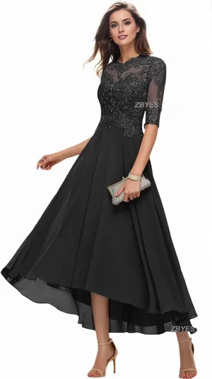 Mother of The Bride Dresses for Wedding 1/2 Sleeves High Low Chiffon Scoop Neck Formal Evening Dresses
