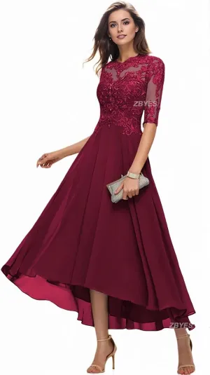 Mother of The Bride Dresses for Wedding 1/2 Sleeves High Low Chiffon Scoop Neck Formal Evening Dresses