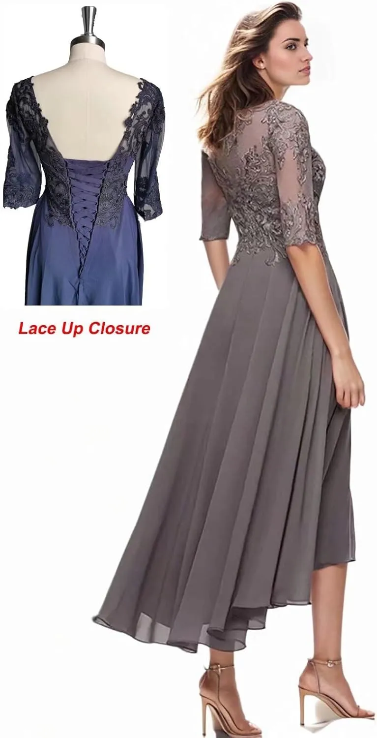 Mother of The Bride Dresses for Wedding 1/2 Sleeves High Low Chiffon Scoop Neck Formal Evening Dresses